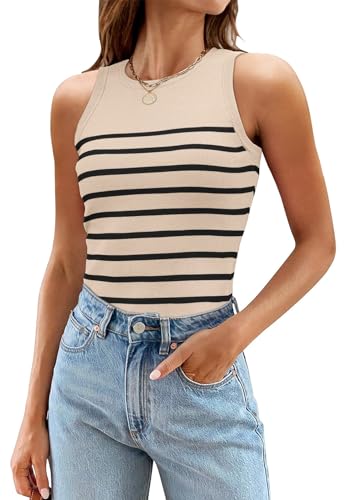 MEROKEETY Women's Ribbed Knit Tank Top 2024 Summer Casual High Neck Striped Sleeveless Shirts, Apricot, XS