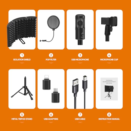 Studio Recording Microphone Isolation Shield with Pop Filter and Metal Tripod Stand, Studio Mic to PC Laptop Smartphone, Music Microphone for Recording Singing Podcasting