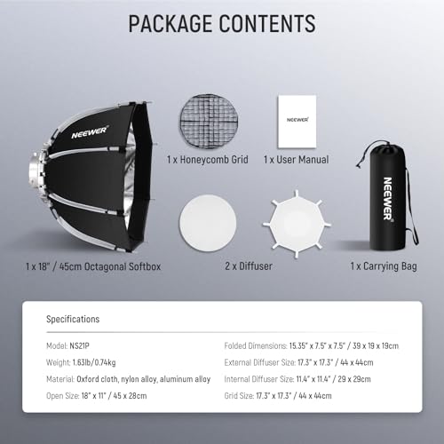 NEEWER 18"/45cm Octagonal Softbox, Quick Release Bowens Mount Softbox with Honeycomb Grid, Light Diffusers, Bag for RGB CB60 CB60B CB200B MS60B MS60C MS150B S101-300W/400W Pro Vision 4 Q4, NS21P