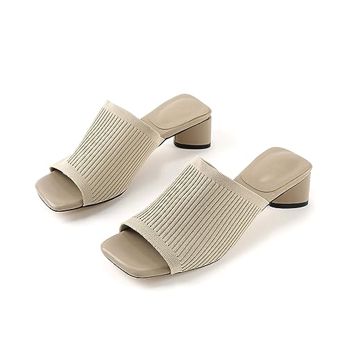 TIJN Open Toe Heeled Mules for Women, Square Flat, Triangle Low Block Heels, Recycled Knit Fabric, 100% Vegan,Katrin,7