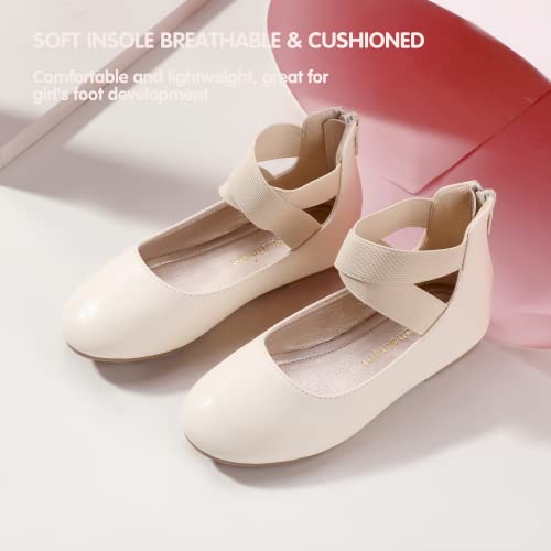 Hehainom Girls Dress Shoes Toddler Little Kids Gracy Ballet Mary Jane Ballerina Flats with Elastic Ankle Strap Beige Pu