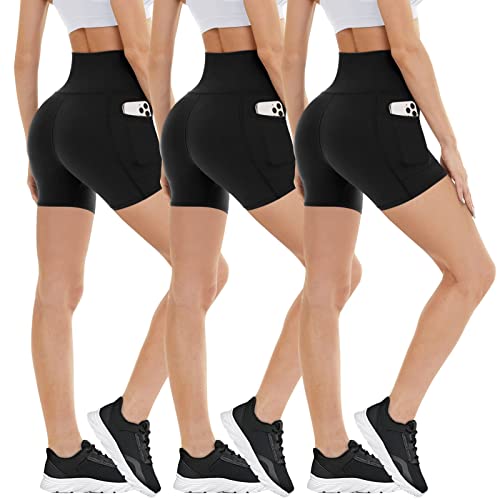 3 Pack Biker Shorts with Pockets for Women – 8" High Waisted Tummy Control Workout Spandex Shorts for Gym Yoga