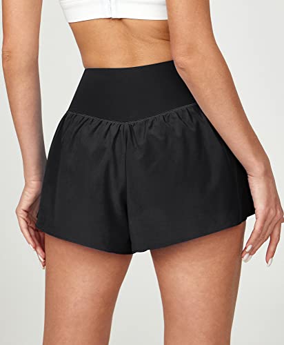 Ewedoos Crossover Flowy Athletic Shorts for Women with 3 Pockets 2 in 1 Butterfly Shorts High Waisted Running Shorts Black