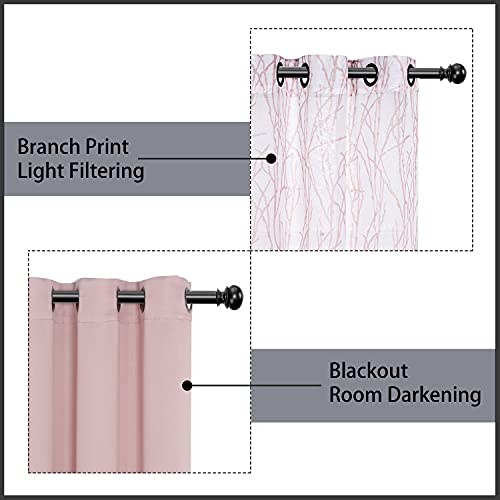 BONZER Mix and Match Curtains - 2 Pieces Branch Print Sheer Curtains and 2 Pieces Blackout Curtains for Bedroom Living Room Grommet Window Drapes, 37x63 Inch/Panel, Blush, Set of 4 Panels