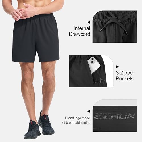 EZRUN Men's Athletic Running Shorts 7 inch Quick Dry Exercise Tennis Shorts Lightweight Workout Gym Shorts with Zipper Pockets,Black,S