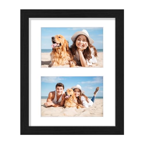 Vittanly 8x10 Collage Picture Frame, Displays 2Pcs 4x6 Pictures with Mat or 1Pcs 8x10 without Mat, Photo Frame for Wall Mounting or Table Top with Stand, Black, 1 Pack