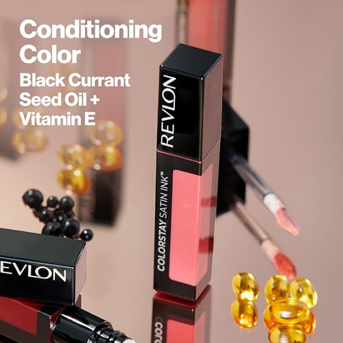 REVLON ColorStay Satin Ink Crown Jewels Liquid Lipstick, Longlasting & Waterproof Lipcolor, Moisturizing Creamy Formula Infused with Black Currant Seed Oil, 035 Reigning Red, 0.17 fl oz.