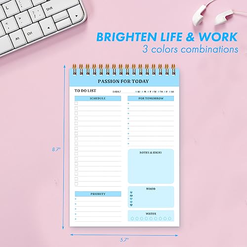 NPET Daily Planner Notepad, 52 Sheets Tear Off To Do List Notebook for Productivity, A5 Size of Spiral Undated Planner and Organizer for Work, Study (Set of 3 Blue)