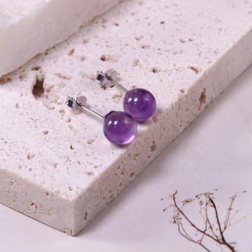 Natural Amethyst Earrings Sterling Silver - 6mm Amethyst Gemstone Stud Earrings, Purple Healing Crystal Earrings Handmade Birthstone Jewelry Gifts