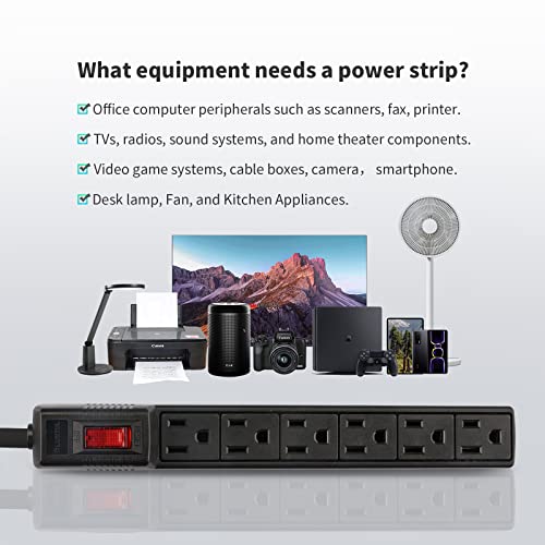 PLUGTUL Power Strip Surge Protector 2-Pack - 6 Outlets & 2 Ft Extension Cord, 1875W/15A 90 Joules, Overload & Surge Protection, Wall Mount for Home Office, ETL Listed Black