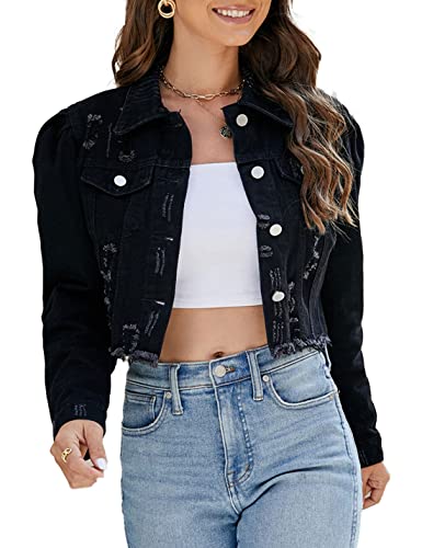 PAODIKUAI Women's Casual Puff Sleeve Button Front Slim Cropped Denim Jean Jacket (Black, X-Small)