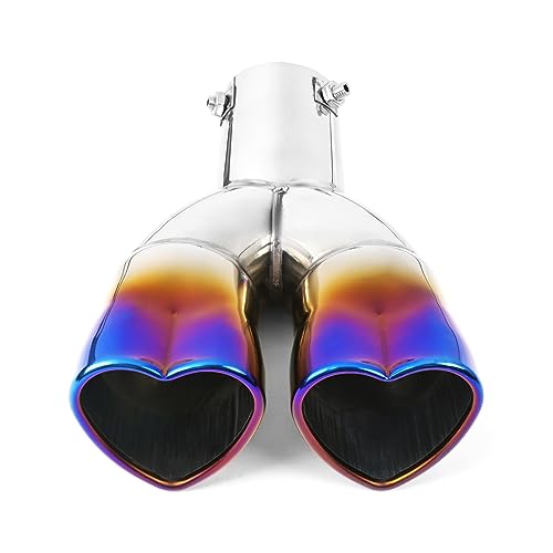 KVR 2.5 inch Inlet Dual Exhaust Tips Muffler Tip for Gift,Chrome Heart-Shaped Exhaust Tip, Car Acessories (Blue-Curved)