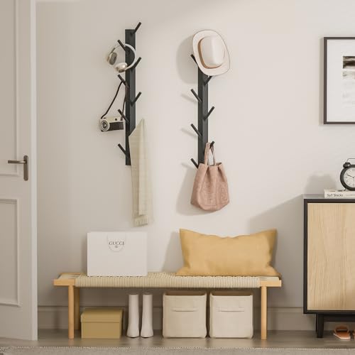 TIOPGHAD 2-Pack Wood-Wall-Mounted-Coat-Hooks, Bamboo Vertical Coats Rack Holder Hanger with 8 Hooks Entryway Hanging Wooden Racks for Hanging Jacket Coat Hat in Entryway Office Bathroom(Black)