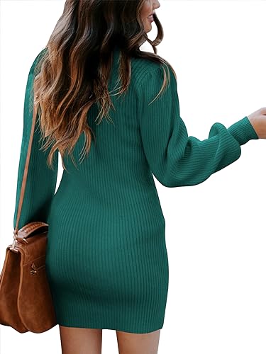 ANRABESS Women Long Sleeve Turtle Mock Neck Rib Knit Stretch Slim Fitted Bodycon Sweater Mini Short Dress 2024 Fall Outfits Red Apricot Medium