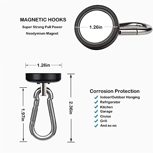 WELLZEER Magnetic Hooks 100lbs Black Magnet Hooks with Swiveling Carabiner for Hanging Refrigerator Strong Large Neodymium Magnet (100LBS-2PACK-BLACK)