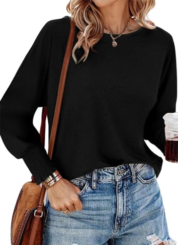 PRETTYGARDEN Women's 2024 Fall Fashion T Shirts Puff Long Sleeve Crewneck Casual Basic Tee Tops Blouses (Black,Small)