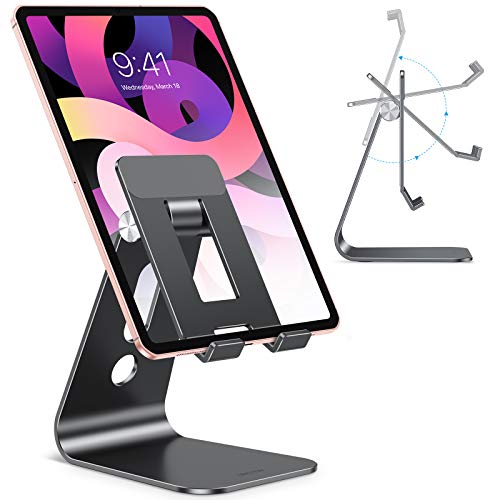 OMOTON Adjustable Tablet Stand for Desk, Upgraded Longer Arms for Greater Stability, T2 Tablet Holder with Hollow Design for Bigger Sized Phones and Tablets Such as iPad Pro/Air/Mini, Black