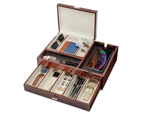 HOUNDSBAY Admiral Dresser Valet Box & Mens Jewelry Box Organizer - Watch Box Organizer for Men with Large Smartphone Charging Station (Cherry on Solid Ashwood)