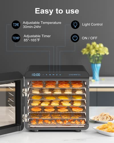 CROWNFUL Food Dehydrator Machine, 7 Stainless Steel Trays, Large Drying Space Dehydrated Dryer, Adjustable Timer and Temperature Control, Dryer for Jerky, Fruit, Meat, Herbs, 30+ Free Online Recipes