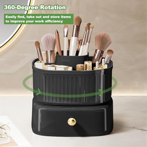 HSSPANFN 2024 New 360°Rotating Makeup Holder Organizer, Makeup Organizer with Drawers, Multifunction Desk Organizer for Vanity, Bathroom and Bedroom Desk (White)