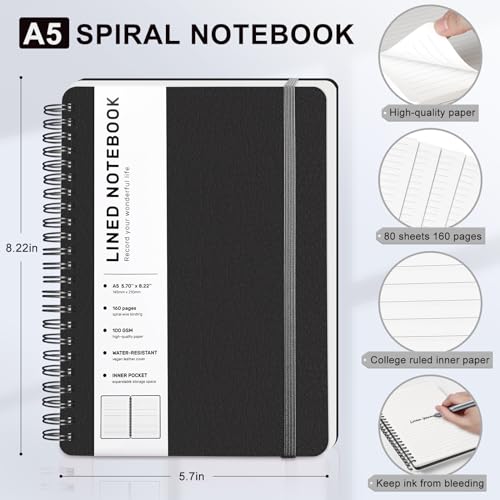 Black Lined Spiral Journal Notebook with 160 Pages, 8×5.7in, A5 Spiral Notebook, Journaling Notebooks for Work, School, Women, Men, College Ruled Spiral Notebook, Hardcover Leather Journals