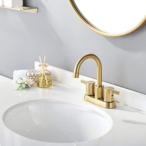 Brushed Gold 4 Inch 2 Handle Centerset Lead-Free Bathroom Faucet, Swivel Spout with Copper Pop Up Drain and 2 Water Supply Lines, BF015-1-BG