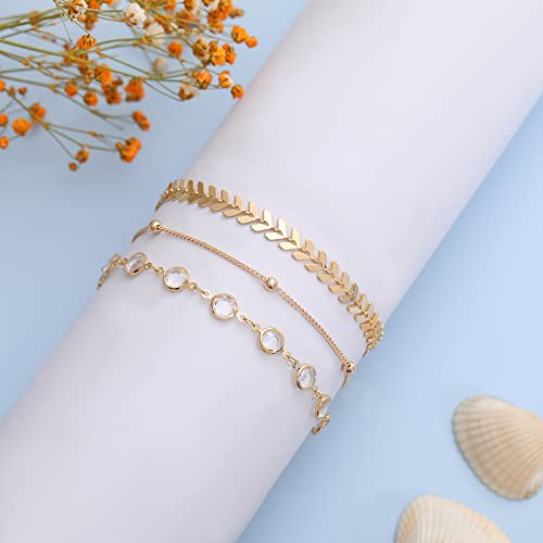 WFYOU Gold Ankle Bracelets for Women Dainty 14k Gold Plated Anklets for Women Waterproof Layered Adjustable Women's Anklets 3Pcs Gold Anklets Set Summer Beach Foot Anklet Jewelry Gift for Women