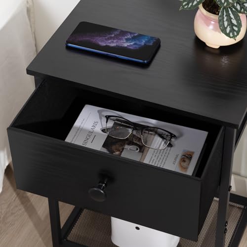 AMHANCIBLE Night Stand Set 2, Black Nightstand with Fabric Drawer, Industrial End Tables Living Room with Storage Shelf, Slim Bedside Table for Bedroom, Small Spaces, HET03SDBK