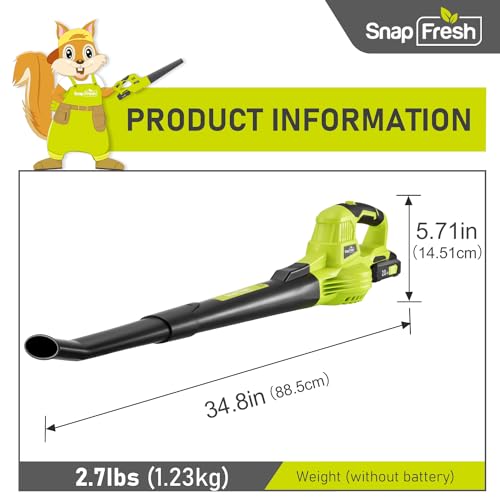 SnapFresh Cordless Leaf Blower - 20V Electric Leaf Blower with 2.0 Ah Battery and Charger - Lightweight 2-Speed Leaf Blower for Lawn Care and Yard/Garden/Patio Cleaning