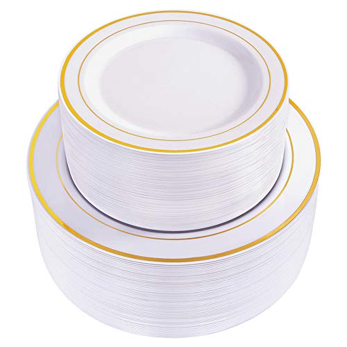 WDF 120 pieces Gold Disposable Plastic Plates - White and Gold Plates Include 10.25" Dinner Plates & 7.5" Salad Plates for Weddings and Party