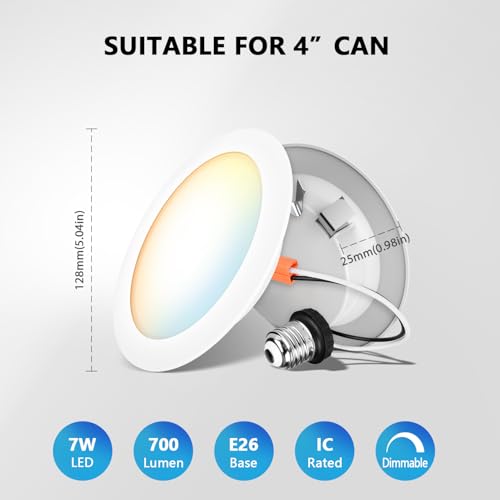 LVWIT LED Recessed Light 4inch, Can Lighting Color Selectable 2700/3000/4000/5000/6000K 5CCT, 7W(85W Equivalent) Dimmable Downlight with E26 Conversion Kit, Retro Fit Ceiling Light Fixtures, 6 Pack
