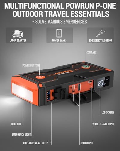 Powrun P-ONE Jump Starter, 2000A Portable Jump Box - Car Jump Starter Battery Pack for up to 8.0L Gas and 6.5L Diesel Engines, 12V Battery Jump Starter with Carry Case (Orange)