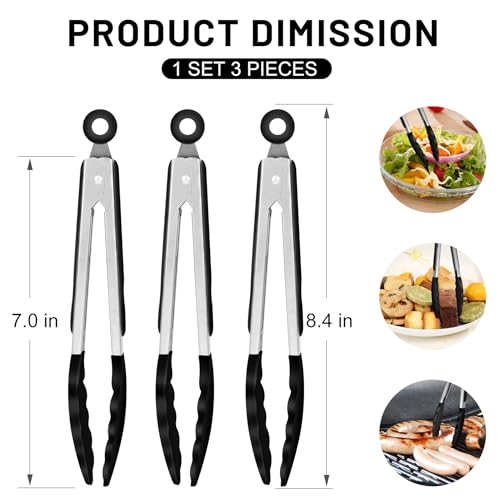 Hotec Mini Silicone Kitchen Tongs for Cooking - 7-Inch Small Serving Tongs with Silicone Tips, Set of 3 (Black)