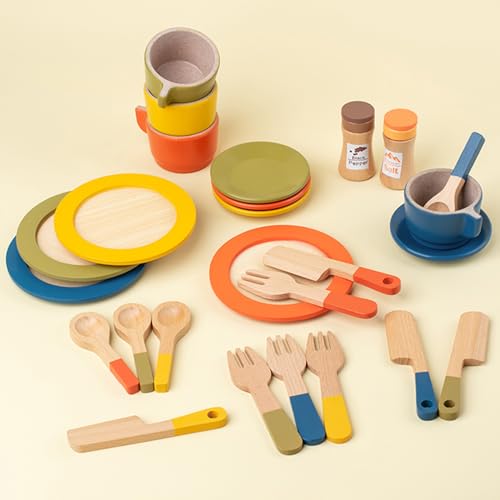 GAGAKU Wooden Play Food Sets for Kids Kitchen,Montessori Wooden Play Food Toys Play Plates and Dishes for Kids Wooden Play Kitchen Accessories Play Dishes for Toddler Boys Girls Gifts