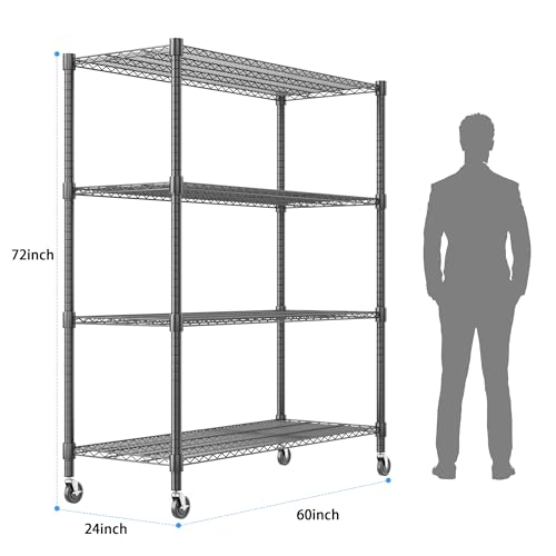 Homdox 60”W Storage Shelves, 4 Tier Heavy Duty Wire Shelving Unit with Wheels, 2400LBS Commercial Adjustable Metal Shelves for Storage, Garage Rack Pantry Shelves Kitchen Shelving, 24"x60"x72", Black