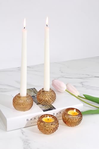 Vixdonos Round Glass Candlestick Holders Set of 4 Beads and Stripes Candle Holder Bulk for Taper Candle and Tealight Candle