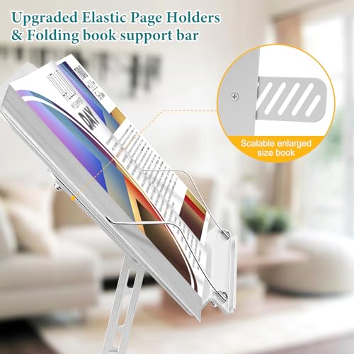 Grathia Book Stand for Reading, Adjustable Holder with 360° Rotating Base, Desktop Stand with Page Clips for Cookbook, Sheet Music, Laptop, Recipe, Textbook, HandsFree, Aluminium