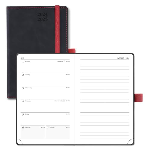 POPRUN Planner 2024-2025 Pocket Size (4'' x 6.25'') Mini Academic Calendar for Purse (July 2024 - June 2025) Weekly & Monthly Organizer for time Management, Leather Cover, Inner Pocket - Black