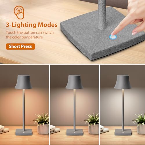 YIBEN Cordless Table Lamp, Rechargeable LED Battery 5000mAh USB Portable Powered Desk Lamp 3 Levels Brightness Light for Restaurants Bedroom Outdoor (2Pack Ferrous Gray)