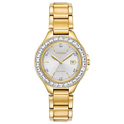 Citizen Women's Eco-Drive Dress Classic Crystal Watch in Gold-tone Stainless Steel, Silver Dial (Model: FE1192-58A)