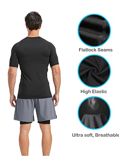 HOPLYNN 5 Pack Compression Shirts Men Short Sleeve Rash Guard Base Layer Athletic Undershirt Gear T-Shirt for Sports Workout 2 Black 2 White 1 Blue X-Large