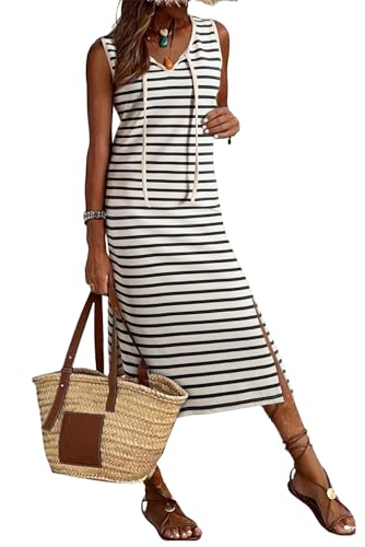 BLENCOT Womens Sleeveless Striped Racerback Maxi Sundresses Backless Beach Long Tank Dresses Gray XL