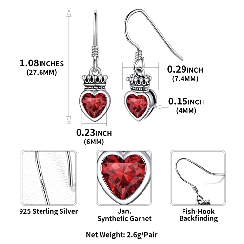 ChicSilver 925 Sterling Silver Crown Birthstone Drop Earrings for Women Created Red Garnet Heart Dangle Earrings Christmas Valentine's Day Birthday Gift