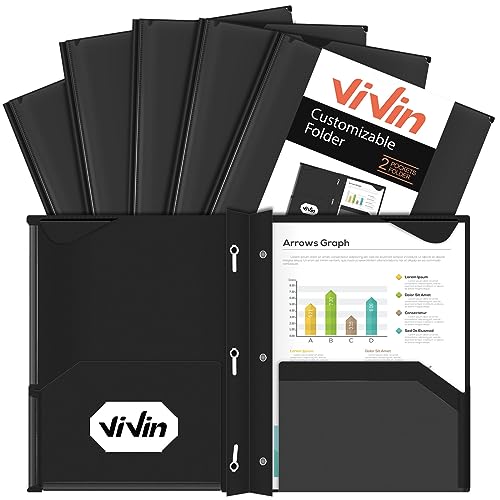 ViVin Heavy Duty Pocket Folder with Prongs, 6 Pack, 2 Pockets Plastic Folder, with Clear Front Pocket and Stay-Put Tabs, Hold US Letter Size Page, for Office and School - Black