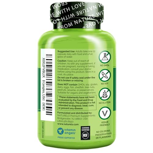 NATURELO Vitamin B Complex with Methyl B12, Methyl Folate, Vitamin B6, Biotin Plus Choline, CoQ10, and Fruit & Vegetable Blend - Supports Energy & Healthy Stress Response - Vegan - 120 Capsules