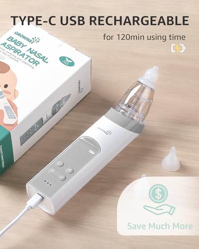 GROWNSY Nasal Aspirator for Baby, Electric Nose Aspirator for Toddler, Baby Nose Sucker, Automatic Nose Cleaner with 3 Silicone Tips, Adjustable Suction Level, Music and Light Soothing Function