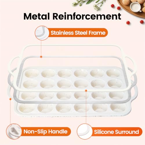 Muffin Pans With Metal Reinforced Frame - 24-Cups Durable Silicone Baking Pan for Muffins, Cupcakes, BPA Free and Dishwasher Safe - Beige with Coffee Spots