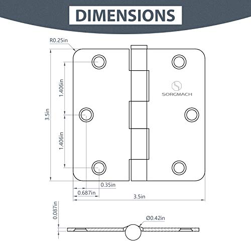 SORGMACH Door Hinges 3 1/2 Inch Matte Black 3.5 Inch Interior Hinges 1/4" Radius Iron Hinge 3 ½"x 3 ½" Door Hardware - 18 Pack