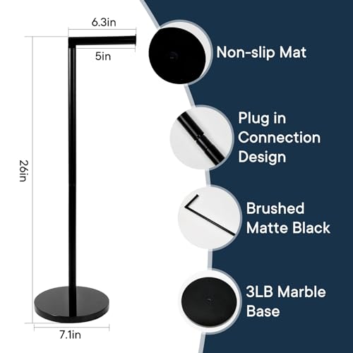 Toilet Paper Holder Stand with Weighted Natural Marble Base, Bathroom Free Standing Toilet Paper Roll Holder with Reserve, Standing Toilet Tissue Holder with Storage (Black, with Storage)