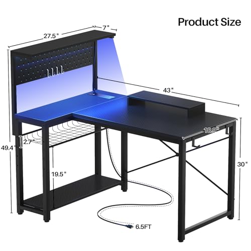 Homieasy Small Gaming Desk with Power Outlets Pegboard LED Light, 43 Inch L Shaped Computer Desk with Monitor Stand Storage Shelves, Reversible Corner Desk with Headset Hooks, Carbon Fiber Black